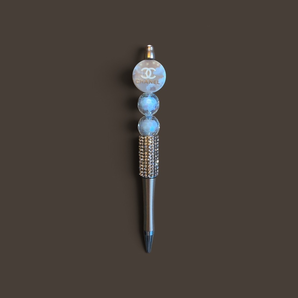 Fashion Inspired Beaded Pen White Marble Rhinestone Silver Tone Ballpoint